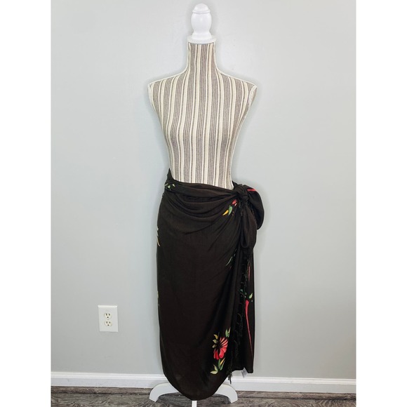 Hibiscus Collection Brown Floral Sarong Wrap Tropical Resort Vacation Beach - Picture 1 of 5